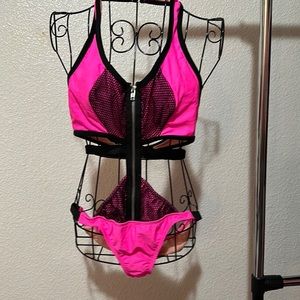 Awesome Neon Pink & Black Zippered SwimSuit SZ MD